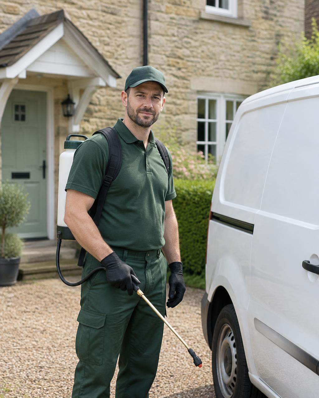 Pest control technician with a sprayer beside an unmarked van outside a Somerset stone house